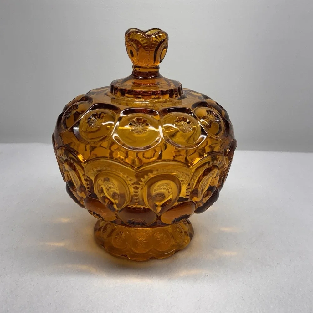 L.E. Smith Candy Dish Amber Vintage Moon and Star Glass Pedestal Lidded MCM Bowl